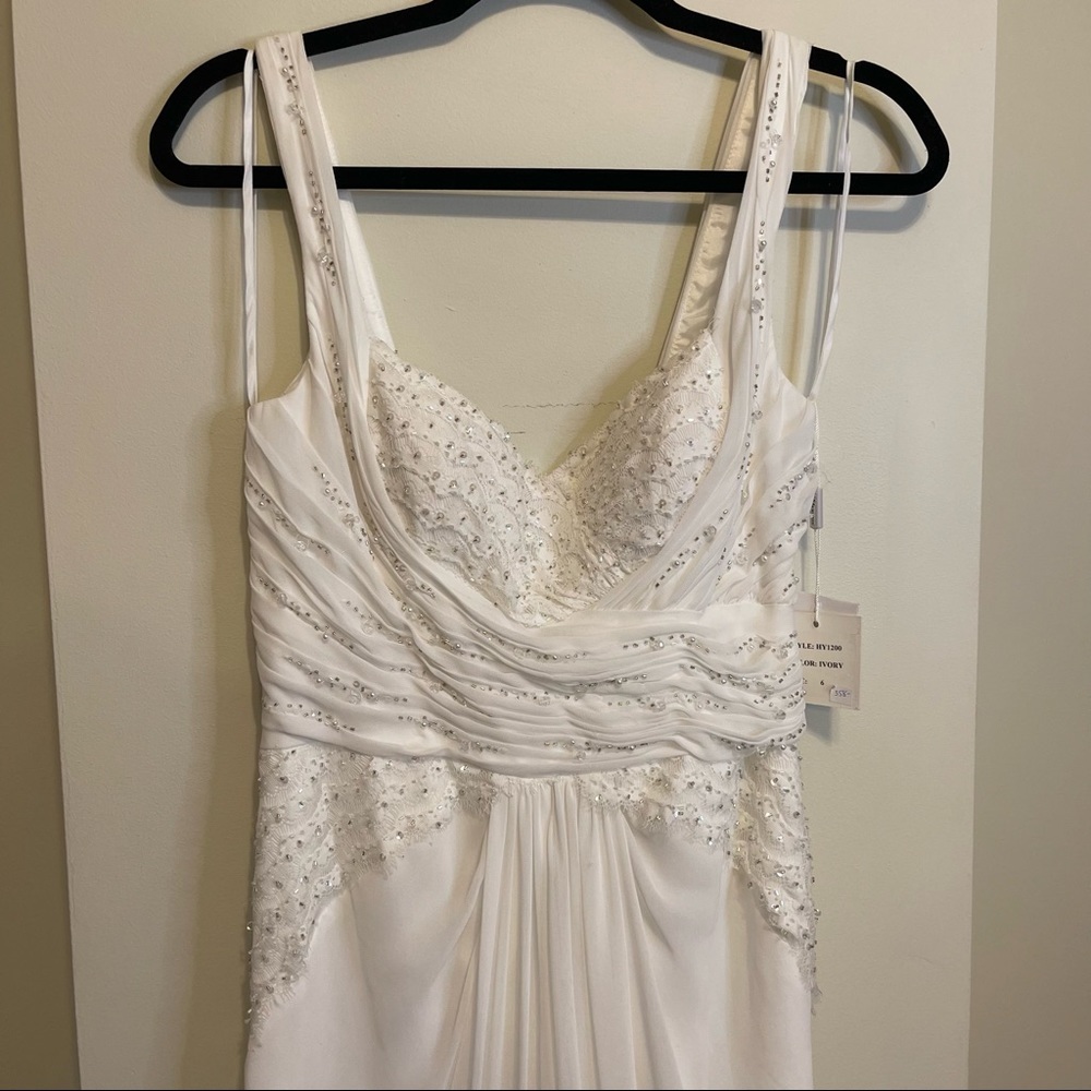 LM by Mignon HY1200 Long Embellished Wrap Dress Ivory Size 6 NEW WITH TAGS - Picture 2 of 11
